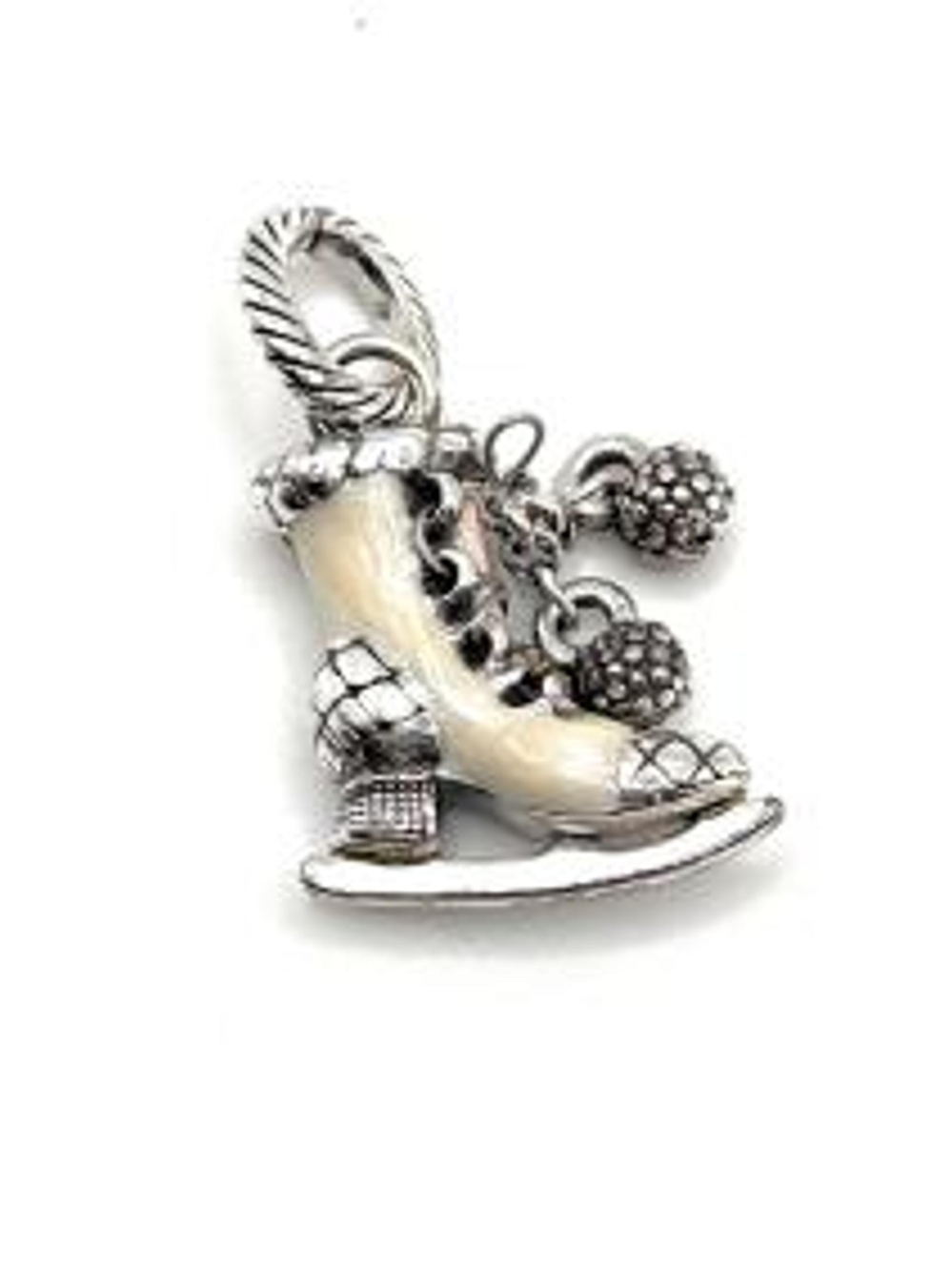 Retired Brighton silver ice skate charm featuring white enamel and orn